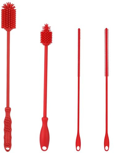 4stk Strohhalmreiniger & Flaschenbürste, Wiederverwendbar Silikon-Strohhalmbürste Extra Lang Wasserflaschenbürste BPA-Frei Reinigungsbürsten-Set Tassenwaschzubehör für Stanley (Rot)