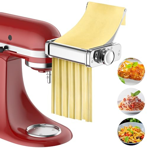 GVODE Accesorio de Pasta 3 en 1de Material Acero Inoxidable para KitchenAid Amasadora, Rodillo para Láminas, Cortador de Espaguetis y Fettuccine, con Placa Guía, 8 Ajustes de Grosor
