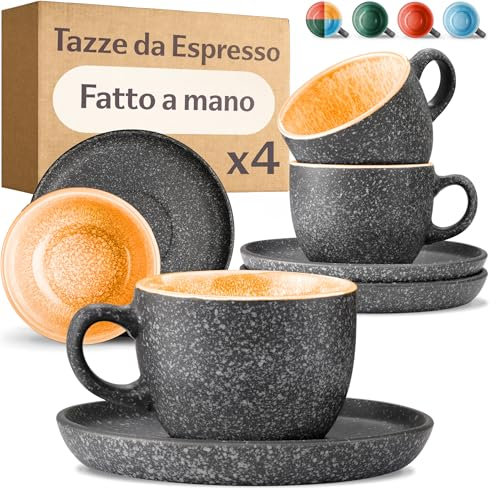 Cosumy Set di 4 Tazzine da Espresso con Piattini - 90ml in Ceramica Gres Spesso con Smalto Reattivo Artigianale – Mantiene il Calore a Lungo (Giallo)