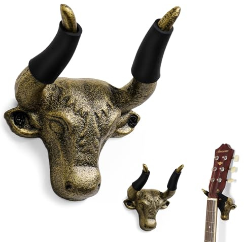 Guitar Wall Mount 2 Pack, Guitar Hanger Wall Mount Cast Iron, Bull Head Guitar Holder, Guitar Accessories for Acoustic, Electric Guitar, Bass, Ukulele, Guitar Stand Wall, Cool Guitar Gifts, Gold