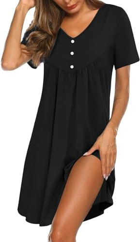 Crewhpo Nachthemd Damen Kurzarm Nachtwäsche Baumwolle Nachtkleid Kurz mit V-Ausschnitt Schlafshirt Loungewear Kurze Ärmel für Frauen Bequeme Sleepshirt Einfarbiger