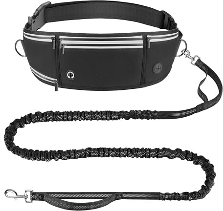 Looxmeer Joggingleine Hunde mit Bauchgurt, Freihändig Hundeleine für Große und Mittelgroße Hunde mit Dual Griffe, Reflektierende Laufleine Bauchgurt Hundeleine zum JoggenLaufen, 1.6-2.2M, Schwarz