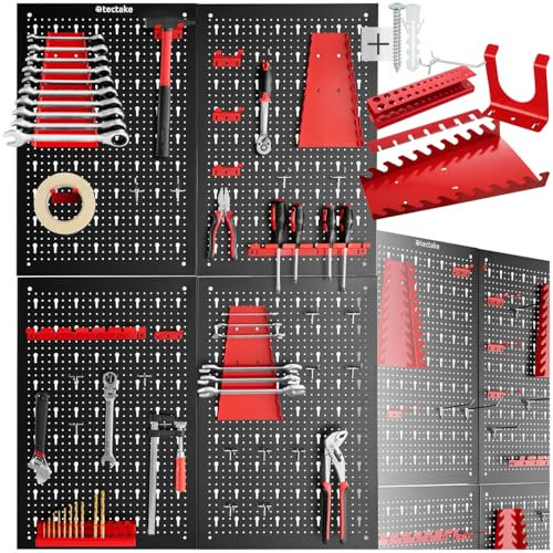 TecTake® Panneau Mural Perforé Porte outils mural Lot de 4 Panneaux 160 x 2 x 60 cm 34 pcs Crochet & Supports, Extensible Système de rangement Outillage & visserie