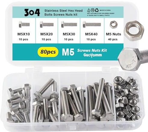 GuoYomm M5 x 10mm 20mm 30mm 40mm Hex Head Bolts and Nuts, M5 x 0.8 Bolts, Hexagon Head Screws, Stainless Steel 304, Bright Finish, Fully Thread, Assortment Kit 80PCS