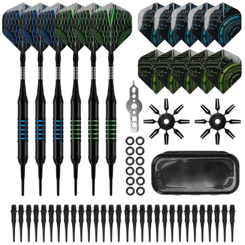 LYCXAMES Lot de 6 fléchettes souples avec pointe en plastique pour cible de fléchettes électronique, 18 g, avec 30 pointes en plastique et 12 anneaux en caoutchouc anti-relâchement