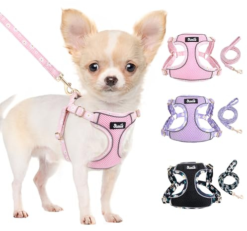 Eyein Hundegeschirr Kleine Hunde mit Leine, Atmungsaktiv Air Mesh Brustgeschirrmit reflektierenden Streifen, Verstellbarer Step-in Geschirr für extra kleine/kleine mittelgroße Hunde, Rosa, XXS