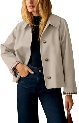 Dqbeng Womens Short Trench Jacket Plaid Lining Button Front Lightweight Classic Casual Outerwear with Pockets (Beige-XS)