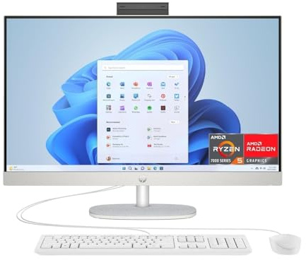 HP 27-cr0011sl, PC All-in-One 27, Display IPS FHD Non Touch, (AMD Ryzen 5 7520U, RAM 16GB, SSD 512 GB, Windows 11), Desktop, Uso quotidiano, Smart Working, QWERTY, Bianco