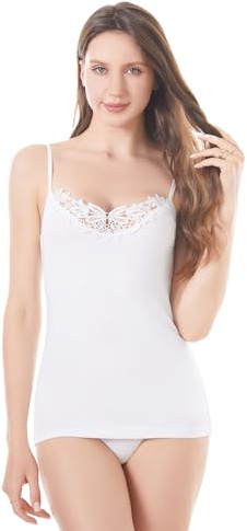Power Flower Camiseta de Tirantes de algodón para Mujer – Camiseta Interior Premium con Adorno de Encaje Floral en el Escote, Top Suave y Transpirable para superponer (M, 946-White)