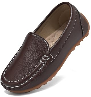 Yeeteepot Mocasines de PU Cuero para Niños Chicos Chicas Moda Loafers Casual Barco Zapatos Plano Antideslizantes Oxfords Comode Caminar Zapatos Marrón Oscuro 35 EU = Etiqueta 36