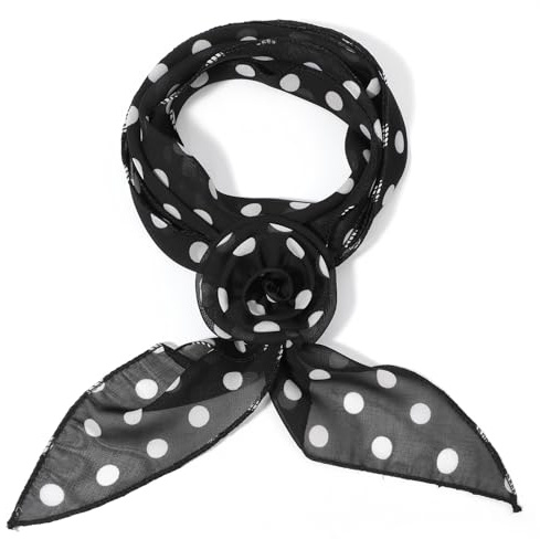 Yolev Chiffon Polka Dot Scarf for Women Removable Rose Flower Neck Scarf Soft Bandana Square Handkerchief Vintage Polka Dot Neck Scarf Versatile Headband Scarf for Women