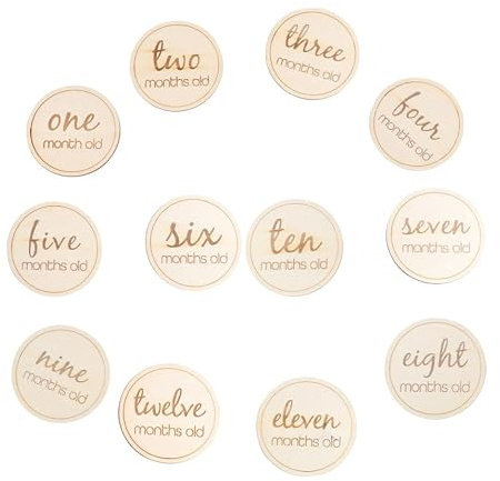 LIFKOME 12pcs Monthly Milestone Cards for Newborns Beige Wooden round Keepsake Photography Props to Commemorate Growth for Social Media Sharing and Gift