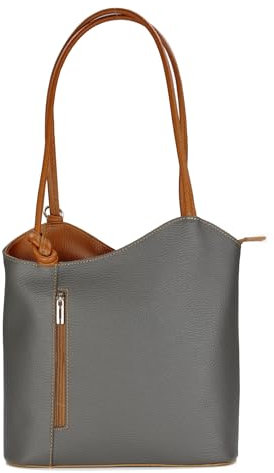 Belli italienische Ledertasche Backpack Classic 2in1 Damen Rucksack Leder Handtasche made in italy Schultertasche - 28x28x8 cm (B x H x T) (Dunkelgrau Cognac)