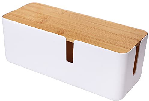 Changsuo Petite boîte de gestion de câbles avec couvercle en bambou pour rallonge, protection contre les surtensions, cache-câbles (blanc)