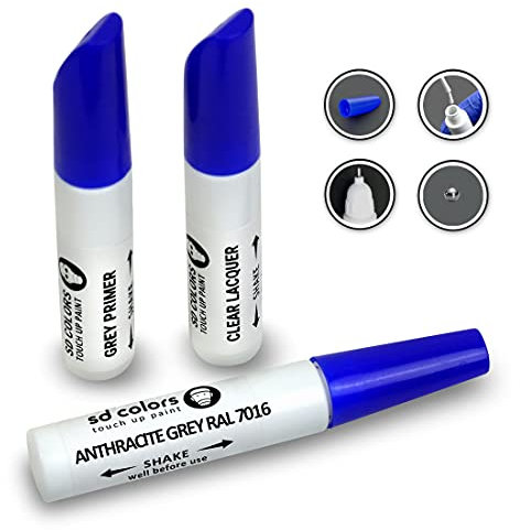 SD COLORS 12 ML Peinture de Retouche avec Pinceau, Vernis Transparent et Apprêt - Anthracite Grey (7016) - Compatible avec RAL - Réparation de Rayures, Éclats et Peinture.