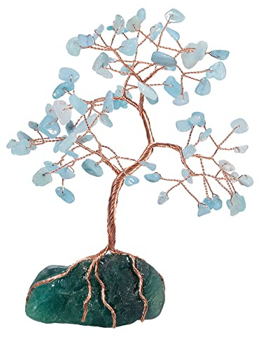 mookaitedecor Aquamarine Crystal Money Tree with Fluorite Raw Stone Base Good Luck Crystal Gifts, Reiki Healing Crystal Bonsai Tree Aquamarine Tree of Life Feng Shui Ornaments for Home Office Decor