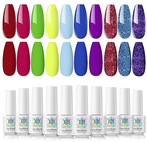 RSTYLE Esmaltes Semipermanentes para Uñas, 10 Colores Neón Pintauñas Semipermanentes Esmalte Semipermanente Pintauñas Permanentes Esmaltes de Gel de Uñas Rojo Verde Glitter