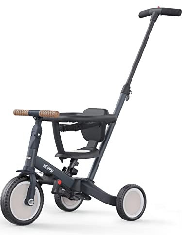 newyoo 5 in 1 Laufrad Dreirad, Dreirad ab 1-3 Jahr, Kinderdreirad mit schubstange, Kinderfahrrad, Laufräder Lauffahrrad inkl. Lenkstange, Sicherheitsbüge, TR008, Dunkelgrau