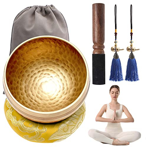 Tibetisches Klangschalen Set,Ø 11cm Meditationsklangschale, Hand gehämmert Messing Klangschale Set mit Holz Klöppel,Klangschalenkissen und 2Pcs Kalebassen Anhänger für Yoga Meditation und Entspannung