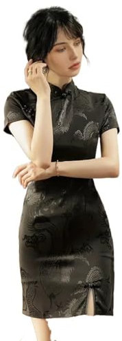 Robe Cheongsam fine unie à manches courtes et col montant fendue, robe Qipao traditionnelle chinoise pour femme, Noir , Asian XXL(8)