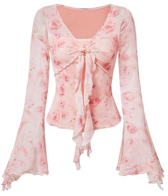 Verdusa Women's Y2K Cute Bell Sleeve Tops Floral Print Mesh Summer Long Sleeve Going Out Tops 2000s Clothing Pink Small