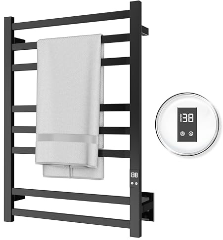 PeakTrivol 8-Bar Electric Heated Towel Warmer, Fast Heating with Auto Shut-Off Timer, Matte Black Finish, Wall-Mounted Spa Towel Heater, Hardwired or Plug-in Options