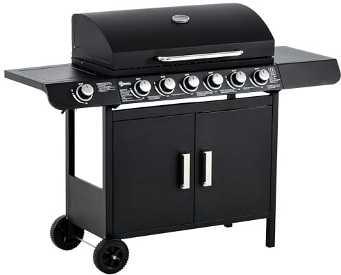 Outsunny 6+1 Burner Gas BBQ Grill, Outdoor Barbecue Trolley with Wheels, Warming Rack, Side Shelves, Cabinet, Thermometer for Garden, Party, Camping, 135 x 51.5 x 100cm, Black