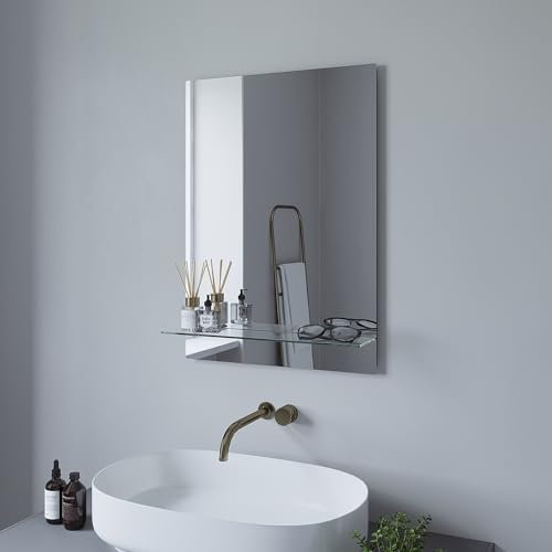 AQUABATOS Miroir de salle de bain avec étagère sans lumière - 50 x 70 cm - Miroir mural de salle de bain - Sans cadre - Rectangulaire - Étagère en verre