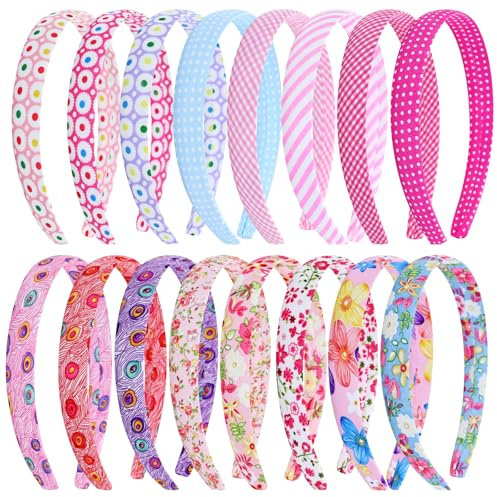 Lawie 16 Pieces Candy Colors Floral Printed Elastic Plastic Headbands for Girls Wide Cloth Covered Hair Bands for Kids Pink Fabric Lined Hairbands Birthday Party Headpieces for Little Girls