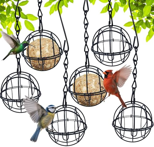 Juego de 6 soportes de bolas de grasa para pájaros, comederos para pájaros silvestres, columna con techo, comedero para pájaros con tapa con bisagras