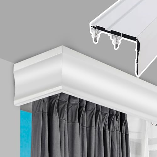 3-in-1 Curtain Pelmet and Double Tracks - Custom Length Drapes Rod, Metal Curtain Rod and Decorative Valance for Window Curtain Rails