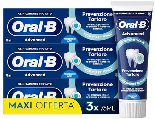 Oral-B Dentifricio Advanced Prevenzione Tartaro 3x75ml, Dentifricio Oral B Anti Tartaro con Microgranuli Attivi, Clinicamente Provato, Pulizia Denti Efficace, Sapore Menta Fresca, Alito Fresco