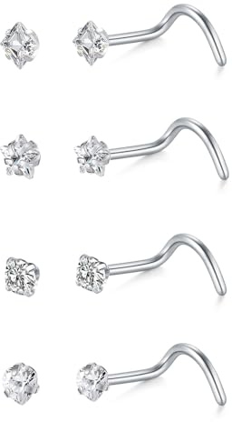 LAURITAMI 4 Pezzi Piercing Naso Brillantino Acciaio Inox 20G Nostril Piercing CZ Orecchini Naso Signore Uomini Nostril Borchi,Argento