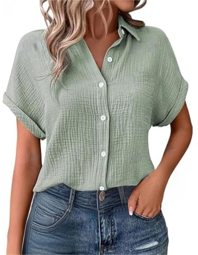 Chemisier Femme Chic Et éLéGant Coton Et Lin Chemise T-Shirts à Manches Courtes Tee Shirt Femme Col V Chemise Tunique Tops avec Boutons D'éTé DéContractéS Ample Couleur Unie Blouse VêTements