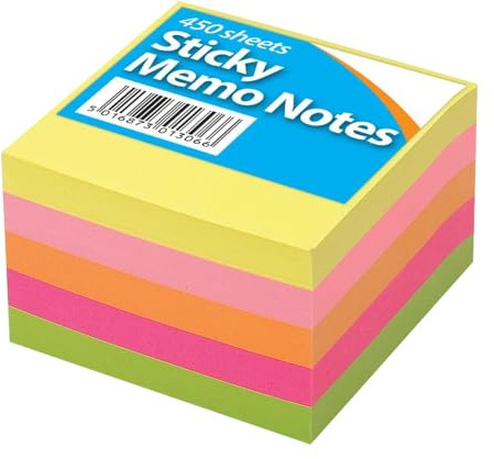 450 Sticky Notes, 76 x 76 mm, 90 Sheets per Pad, Set of 5 Pads, Assorted Colours