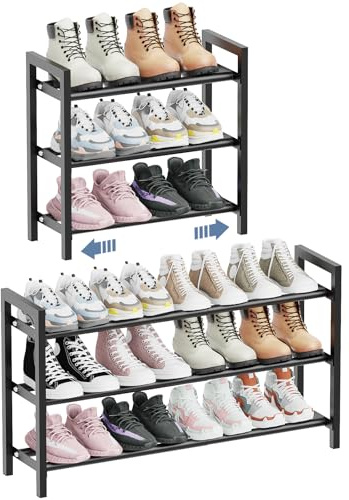 Mavivegue 3 Tier Expandable Shoe Rack, Adjustable Metal Shoe Storage Organizer for Closet, Free Standing Shoe Rack Storage for Entryway, Garages, Hallway,Bedrooms (Black)