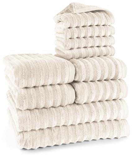 Pure Label 10-TLG. Handtücher Set mit Aufhängeschlaufen aus 100% Baumwolle, saugstark und weich - 2X Badetuch (70x140cm) 4X Handtuch (50x100cm) 4X Gästetuch (30x50cm), Creme