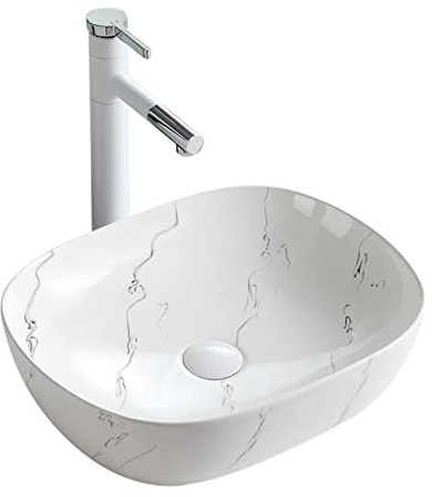 Lavabo de Baño Fregadero pequeño de cerámica sobre encimera, lavabo moderno con diseño de mármol blanco artístico, tocador de baño con desagüe emergente Lavabo de Tocador Para Encimera de Baño(A)