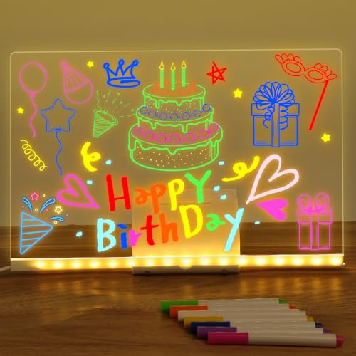 ABOHU Tablero Acrílico Luminoso con Mensaje LED, Pizarra luminosa Transparente Borrable, con 7 colores Bolígrafo y Soporte Ajustable, Tablero de Notas LED, Regalo creativo para Niños, Adultos