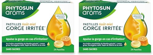 Phytosun Arôms - GOMMES Orange Eucalyptus GORGE SENSIBLE*- Huiles Essentielles - Menthe poivrée* - Adoucit la gorge en cas de gêne* - 30 Gommes, 60g (Lot de 2)