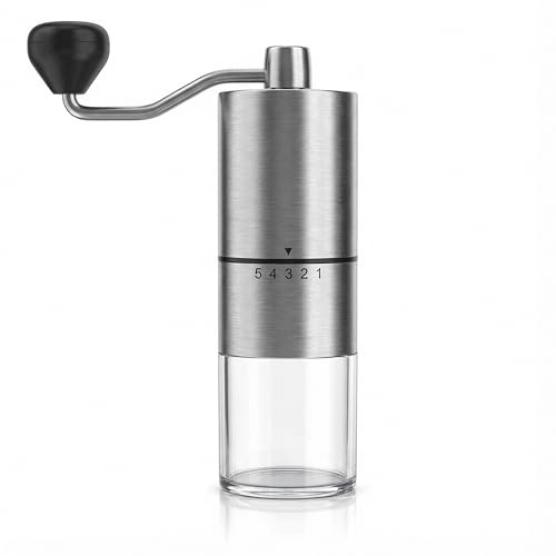 Arendo - Kaffeemühle manuell Edelstahl – Keramikkegelmahlwerk – verstellbarer Mahlgrad – Handmühle – durchsichtiger Behälter für Kaffee, Espresso, Mokka, Filterkaffee, French Press u.v.m.