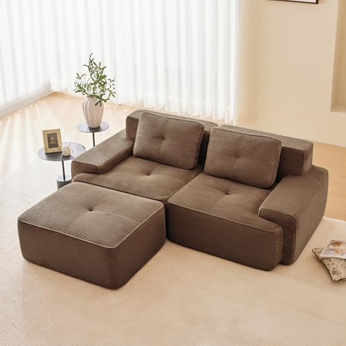 Luscriate Boneless Sofá modular, moderno para salón con asiento bajo de 74 cm, sofá de pana, sofá tapizado en la nube combinable, para salón (marrón, 2 + 1)