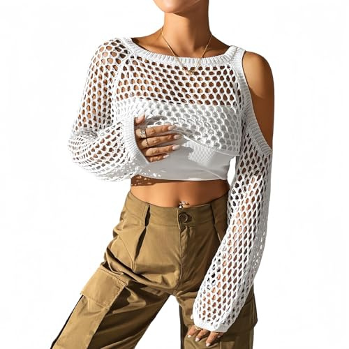 MANJIAMEI Boléro Manches Longues pour Femme, Top en Résille Court épaules Nues Couverture Ajourée Tricotée Bolero en Maille pour Tenue de Disco Carnaval Festival de Musique et Club (Blanc)