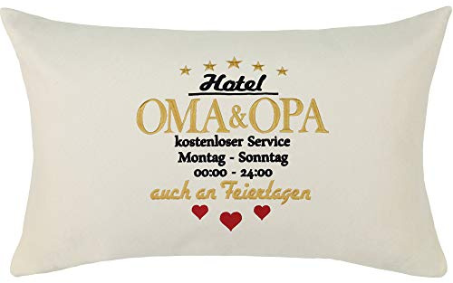 Hotell mormor & morfar kudde med överdrag och ordspråk 40 x 60 cm gåva mor- och farföräldrar födelsedag jul vardagsrum dekorativ kudde med fyllning dekorativa kuddar beige soffkuddar soffkuddar stora stoppningar