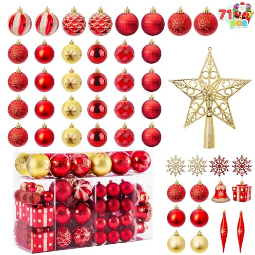 Joiedomi 71 Pcs Christmas Assorted Ornaments with a Star Tree Topper, Shatterproof Christmas Ornaments for Holidays, Party Decoration, Tree Ornaments, Events, and Christmas (Red&Gold)