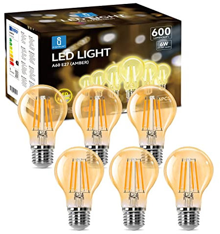 Aigostar Ampoule LED Edison Rétro Vintage Filament E27, 6W équivalant à Ampoule Halogène de 48W, 600 Lumens, Blanc Chaud 2200K, Lampe Décorative A60, Angle de 330º, CRI ≥ 80, Lot de 6