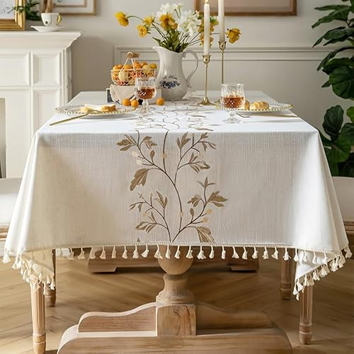 Pahajim Tablecloths Rectangular Washable Cotton Linen Tablecloth Anti-Wrinkle Tassel Design Fabric Table Cover for kitchen, Dining, Outdoor Garden Tabletop(Beige,55 x 87 Inch)