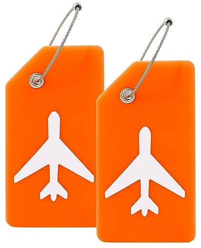Mziart 2 Pack Silicone Luggage Tags for Suitcases Travel Bag Tags for Luggage, Baggage Suitcase Tags with Privacy Name ID Card (Orange)