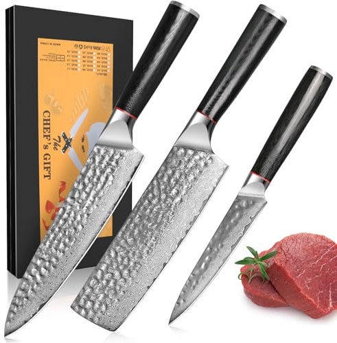 Home Safety Lot de 3 couteaux de chef damassés en acier damassé VG10 avec 67 couches de couteaux à viande aiguisés professionnels, lame de 12,5 à 19,3 cm, manche G10, dans une boîte cadeau