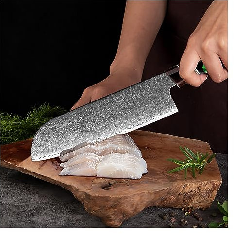 FBITE Cuchillo Santoku de Damasco de 7 pulgadas-resina cómoda + mango de ébano-herramientas de fruta Sashimi de pescado cortado de Chef de cocina for sushi